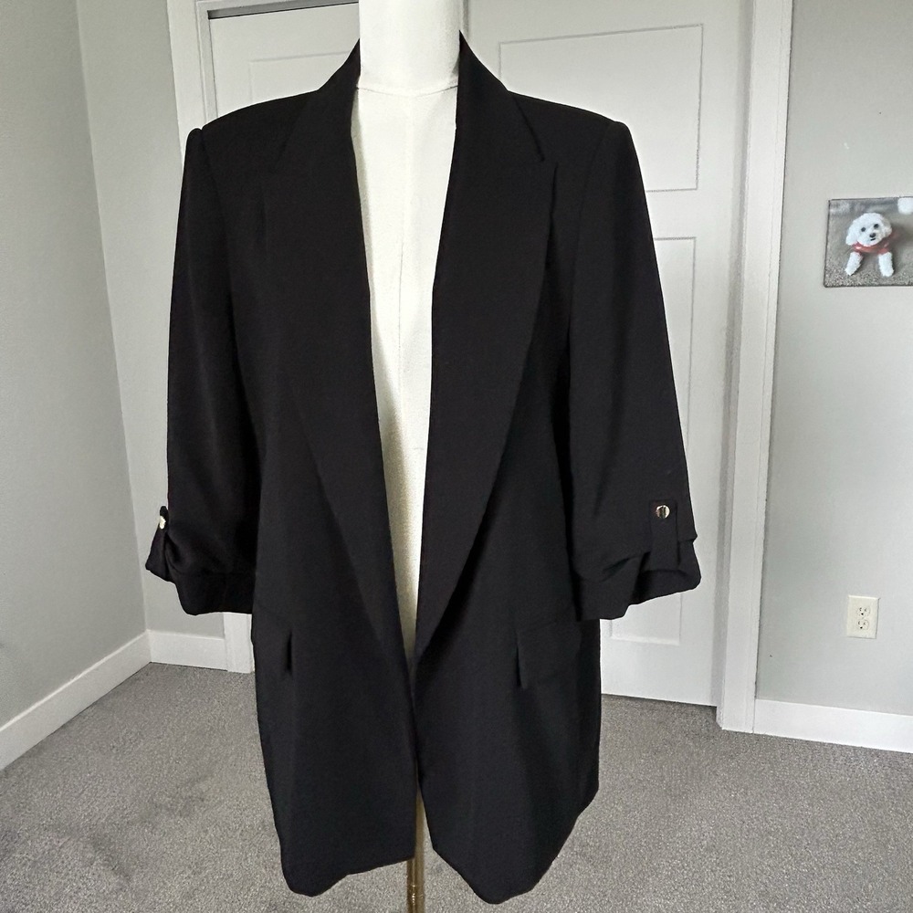 ZARA Black Open Front Blazer Womens XL 3/4 Roll Tab Sleeve Gold Button